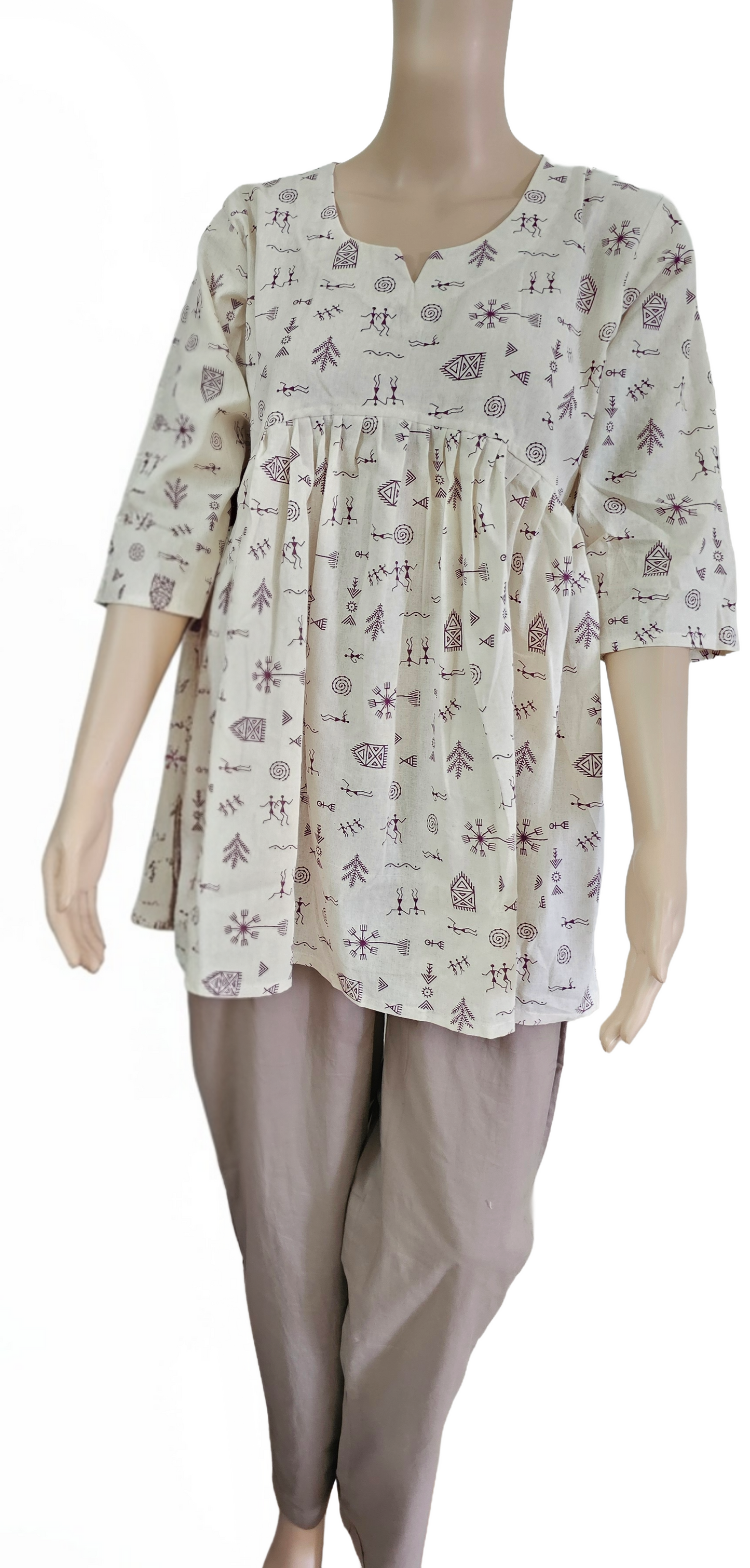 Premium Dabu cotton Peplum Kurti| Maroon Warli on sandal base