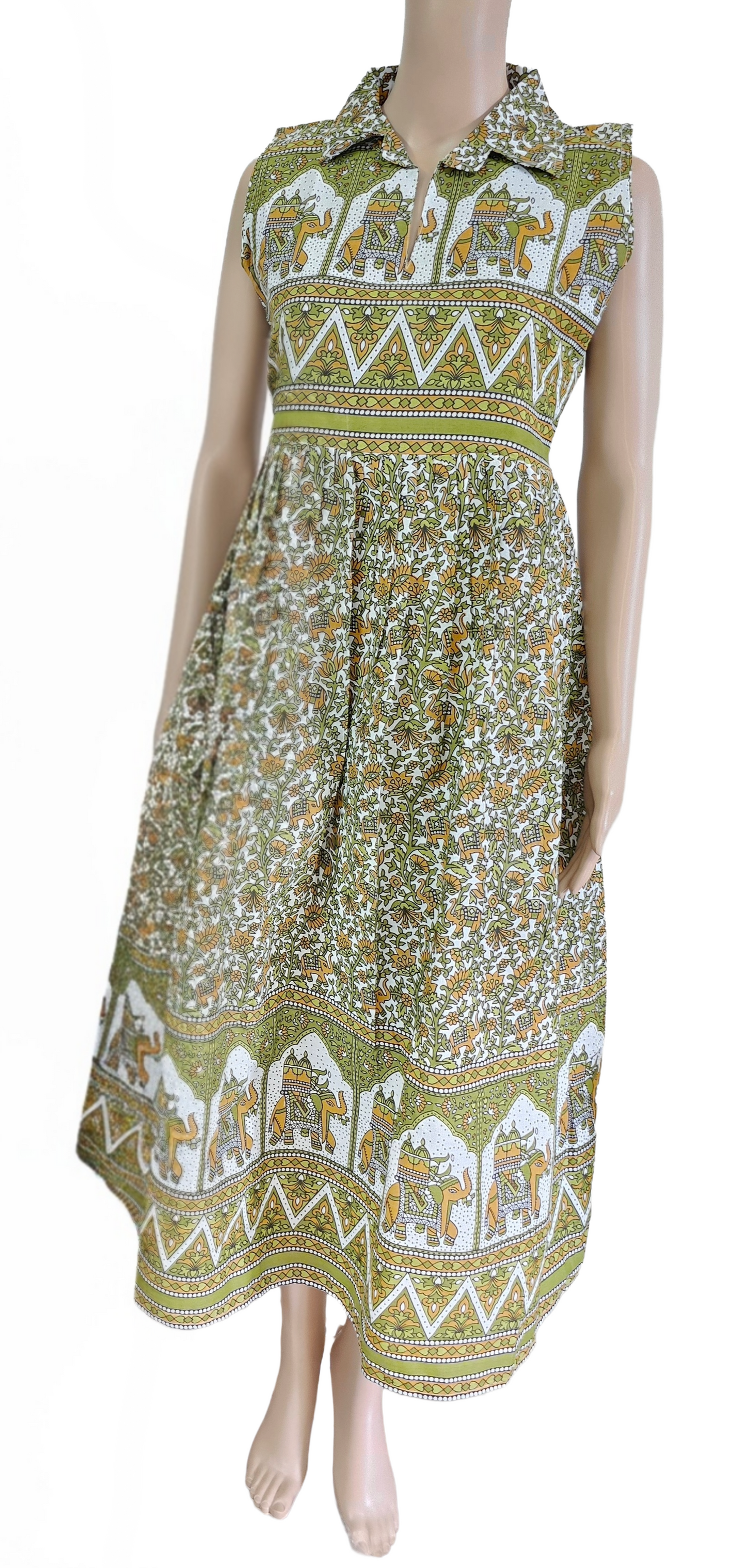 Women sleeveless Frock with full lining (sleeves inside) | Elephant Ajrakh Prints