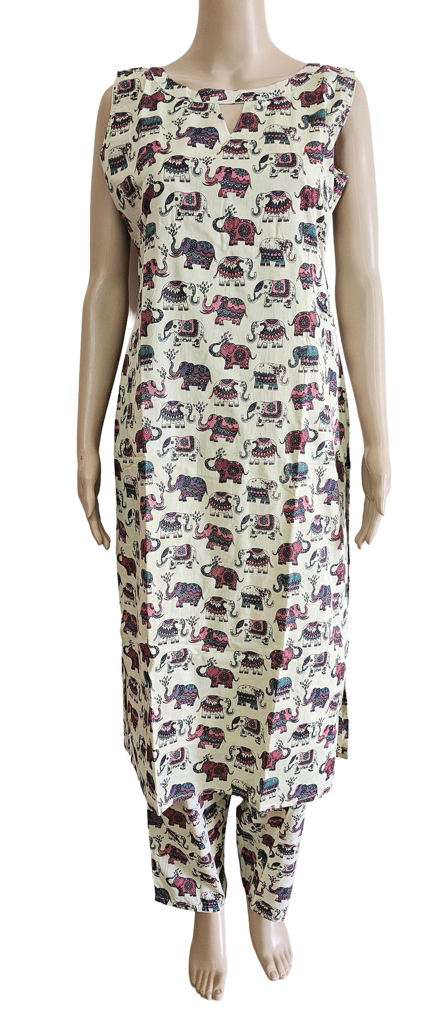 Women Sleeveless Co-Ord kurti with pant(Sleeves inside) | Elephant Motif yellow and green