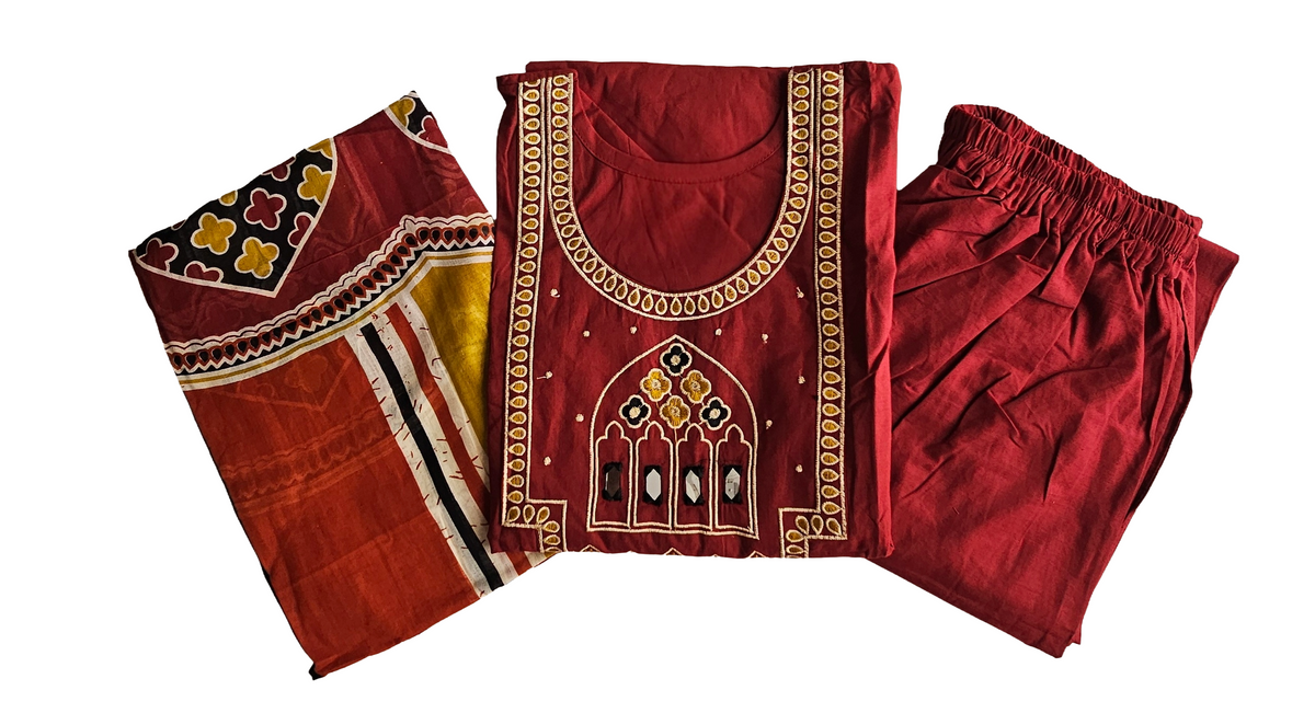 Women embroidery mirror kurti with palazzo pant and dupatta |Red maroon color 3 piece sets | Dabuset|