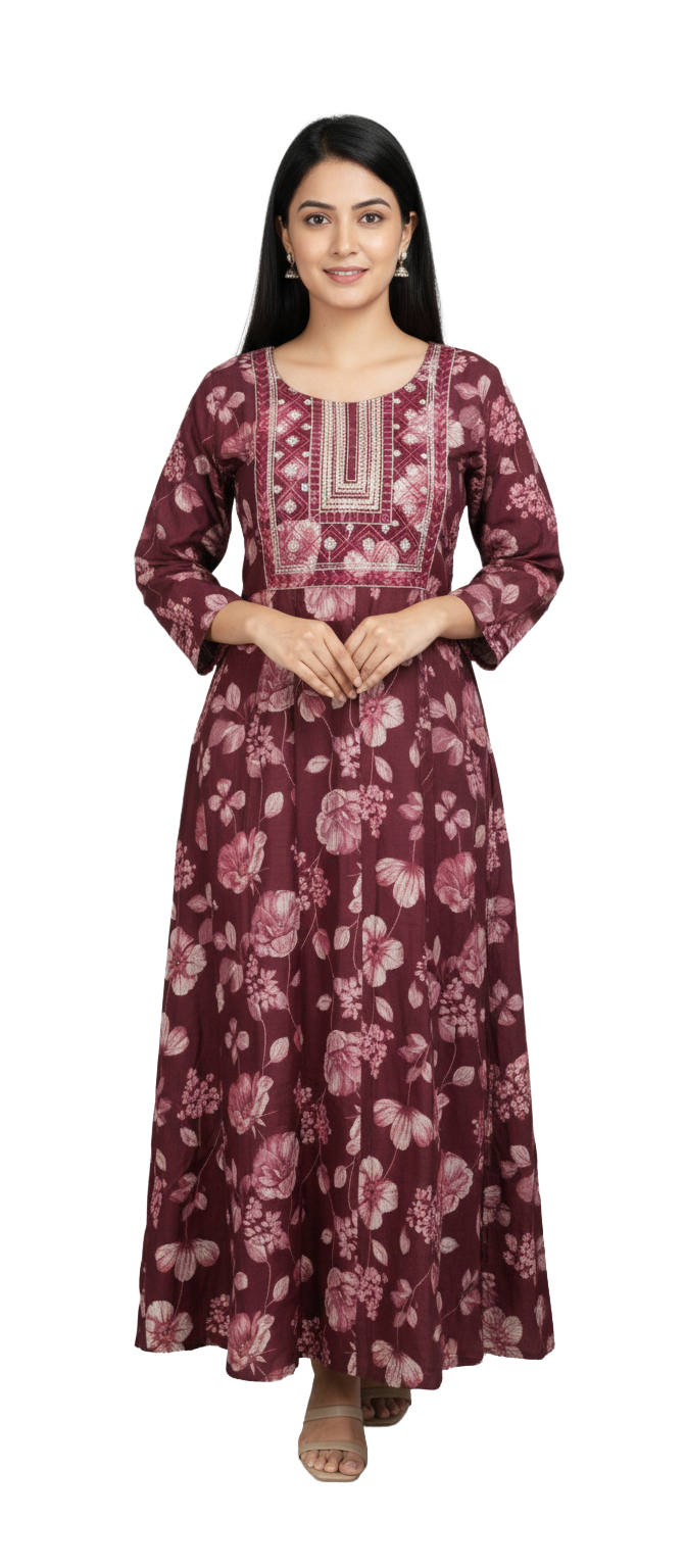 Women Anarkali | Pinkish beetroot color with thread/zari work in yoke