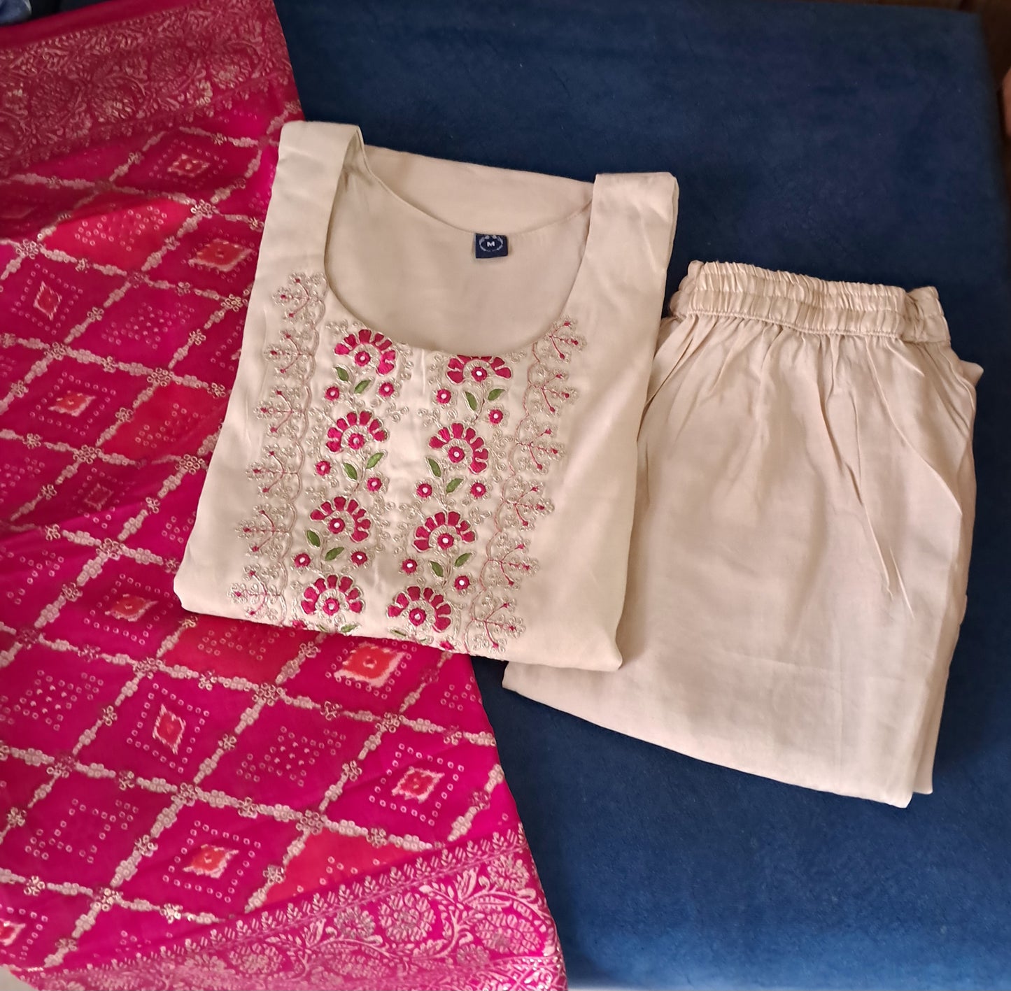 Women kurti with pant and dupatta | Straight cut |Roman silk beige color set with banarasi dupatta