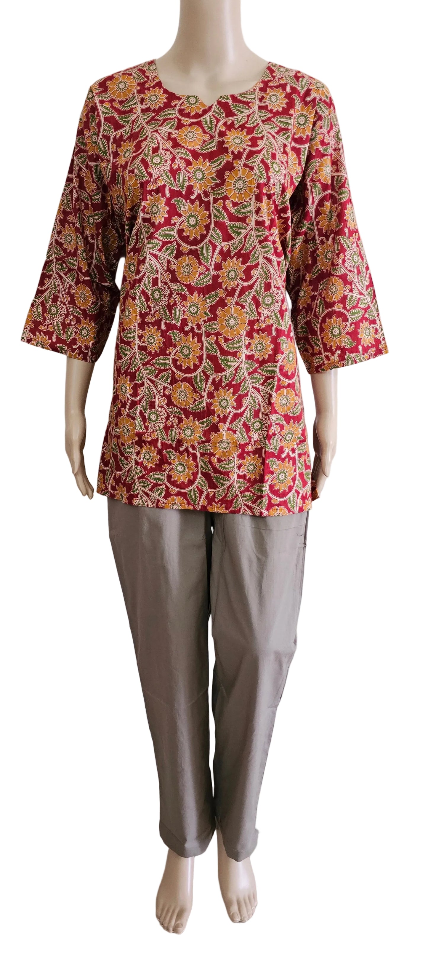 Women's Cotton Short Kurti | Brick red with florals leaves