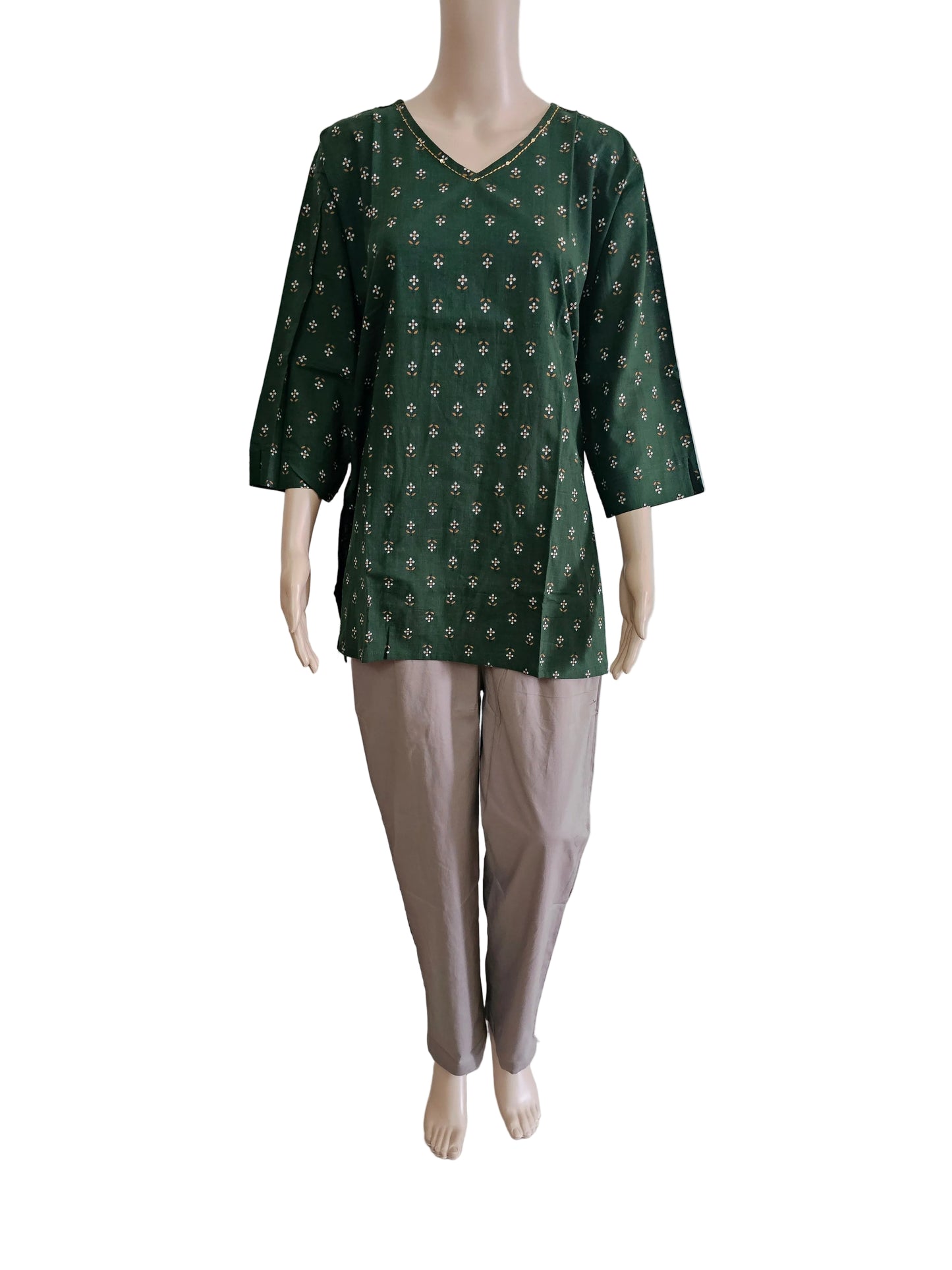 Women's Cotton Short Kurti | Small bhuttas in bottle green