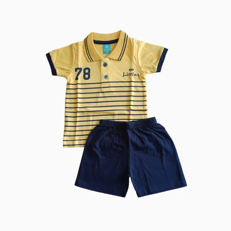 Kids collar T-shirt with shorts sets| Yellow 78 Print