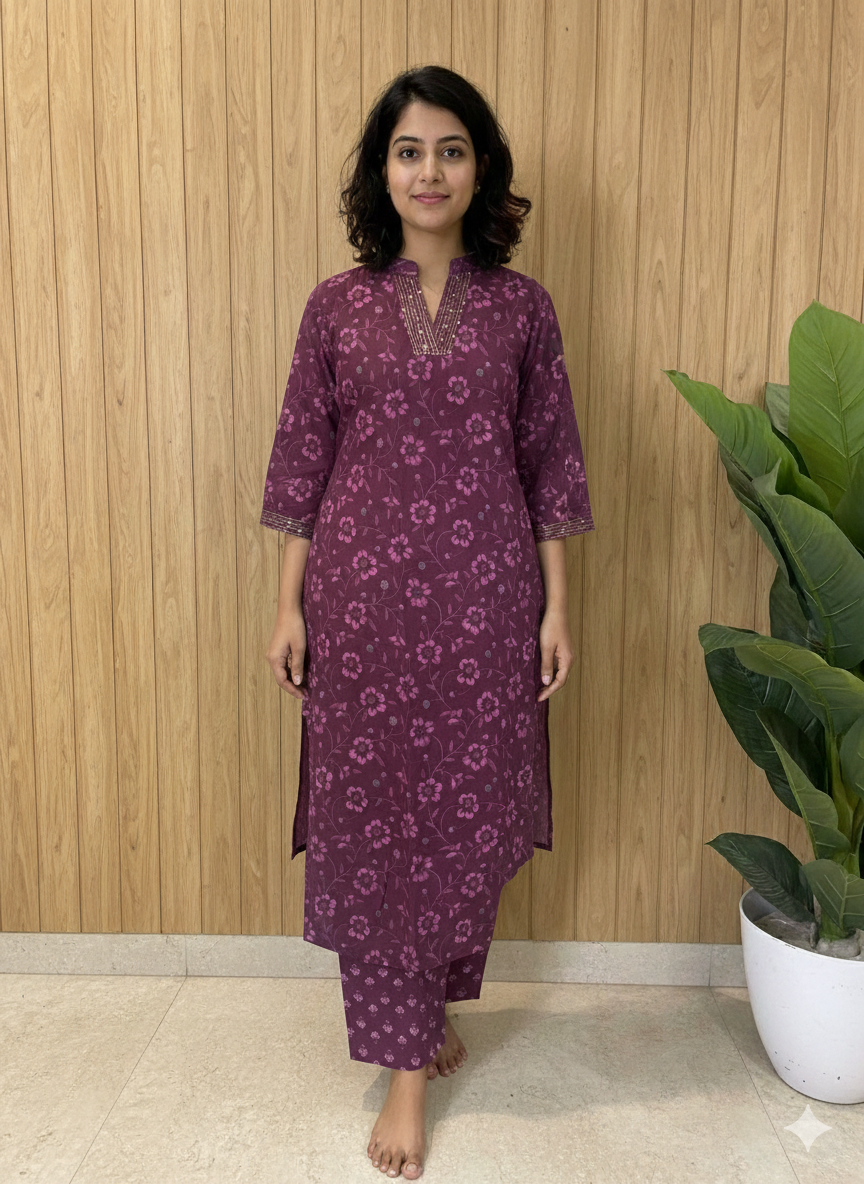 Women kurti with pant | Straight cut | Beetroot color with Bhuttas