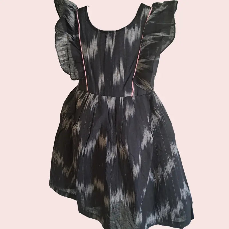 Cotton Ikkat Frocks | Black with grey and baby pink piping