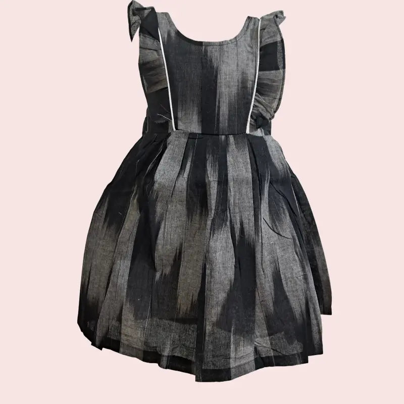 Cotton Ikkat Frocks | Black with grey and white piping