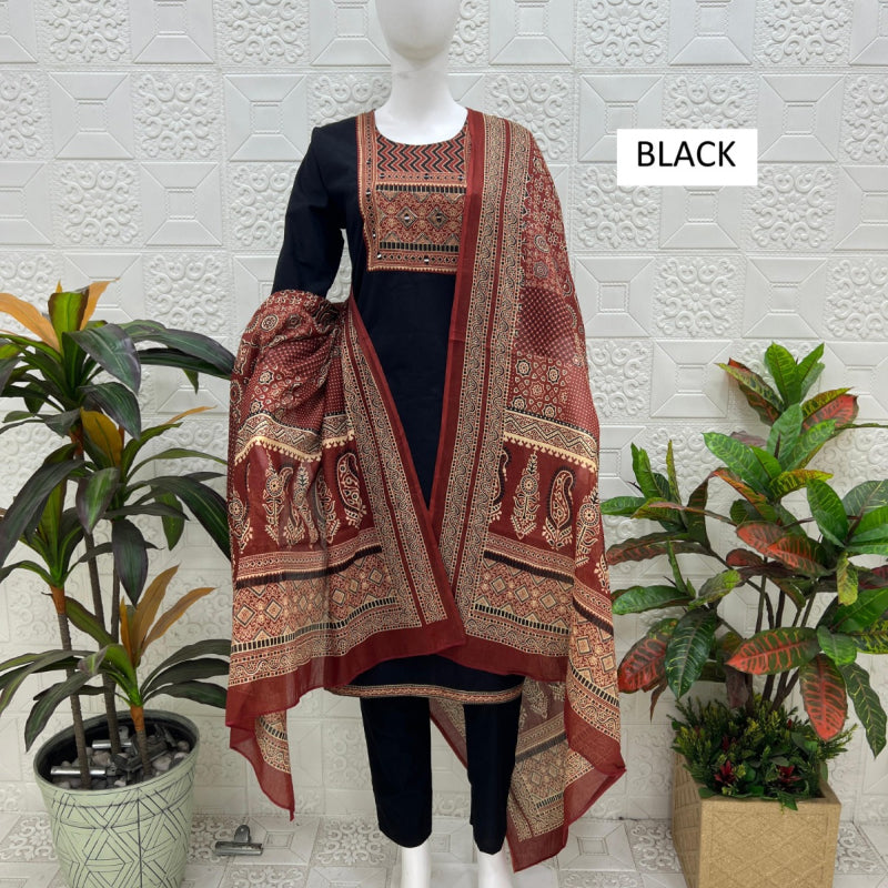 Women kurti with pant and dupatta | Black print sets | DABUSET