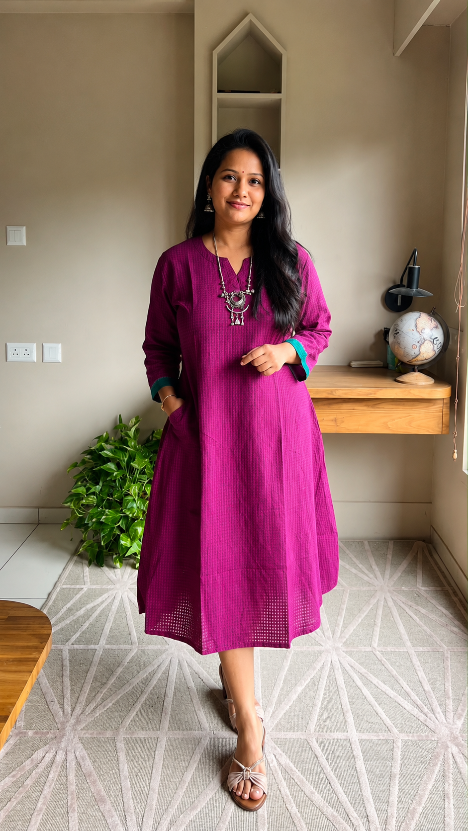 Women Kurti | Aline cut Majenta with light pinkish check patterns | only kurti top | MADRASCHECKS
