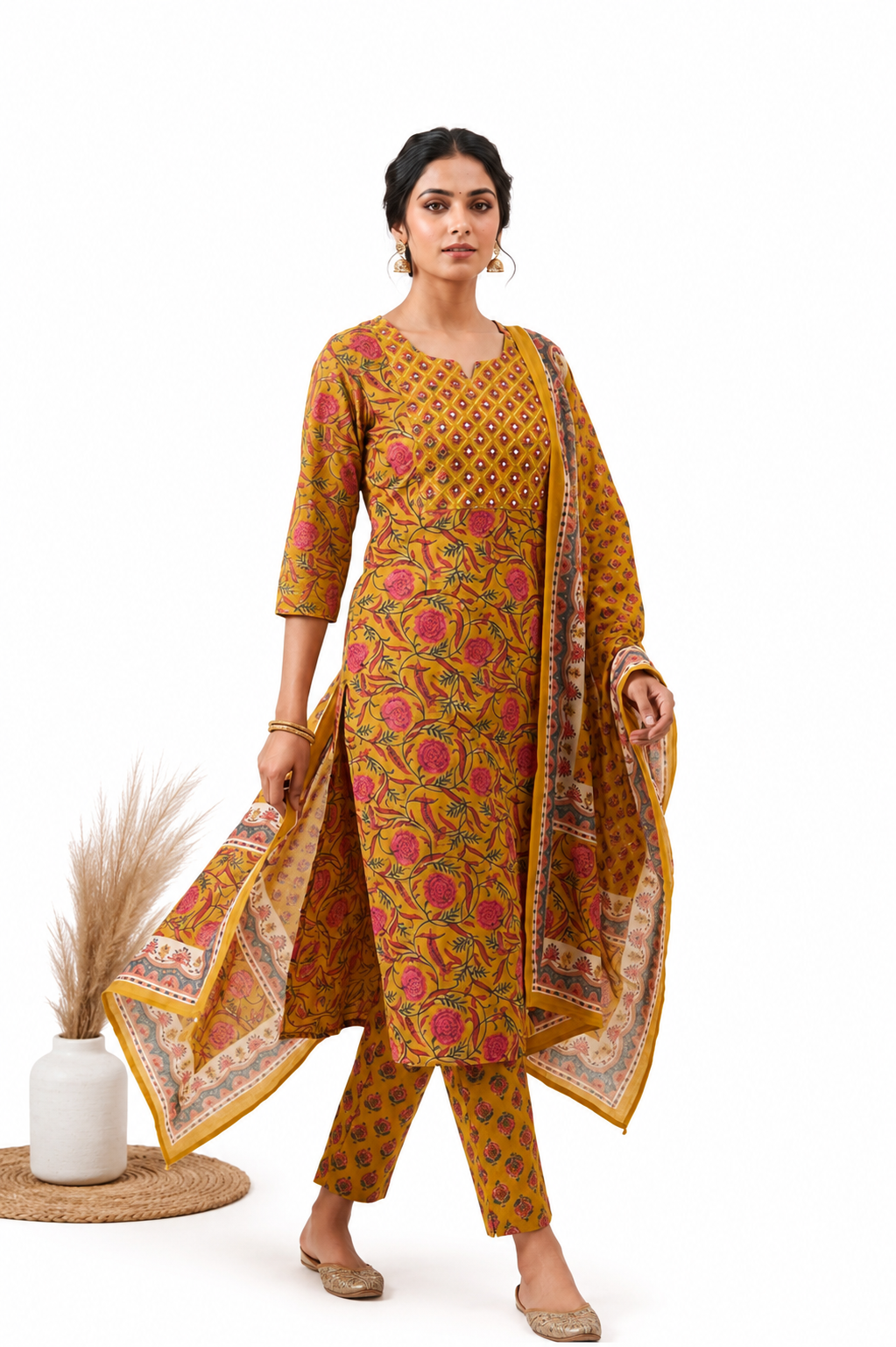 Women kurti with pant and dupatta | Straight cut | Mustard with small floral prints