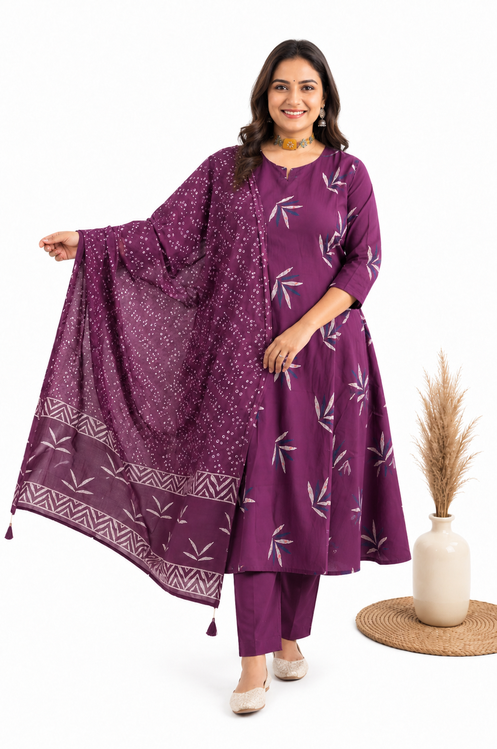Women kurti with pant and dupatta | A line with princess cut | Dark Majenta with leaf bhutta
