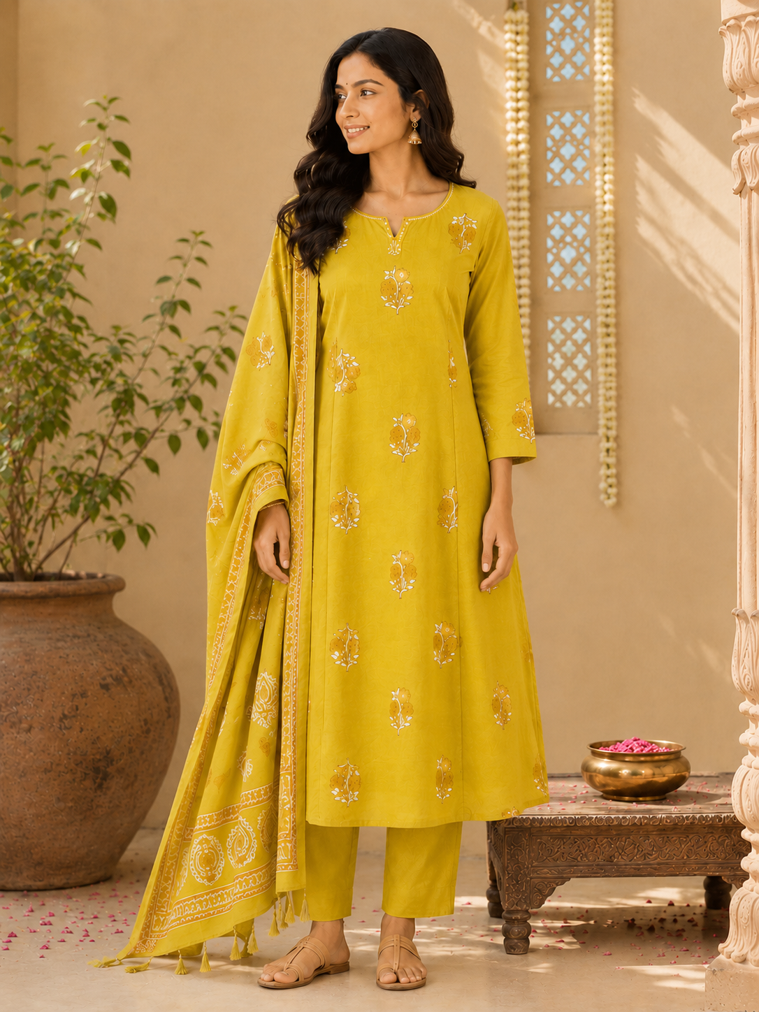 Women kurti with pant and dupatta | A line with princess cut | Mustard brown mini floral print