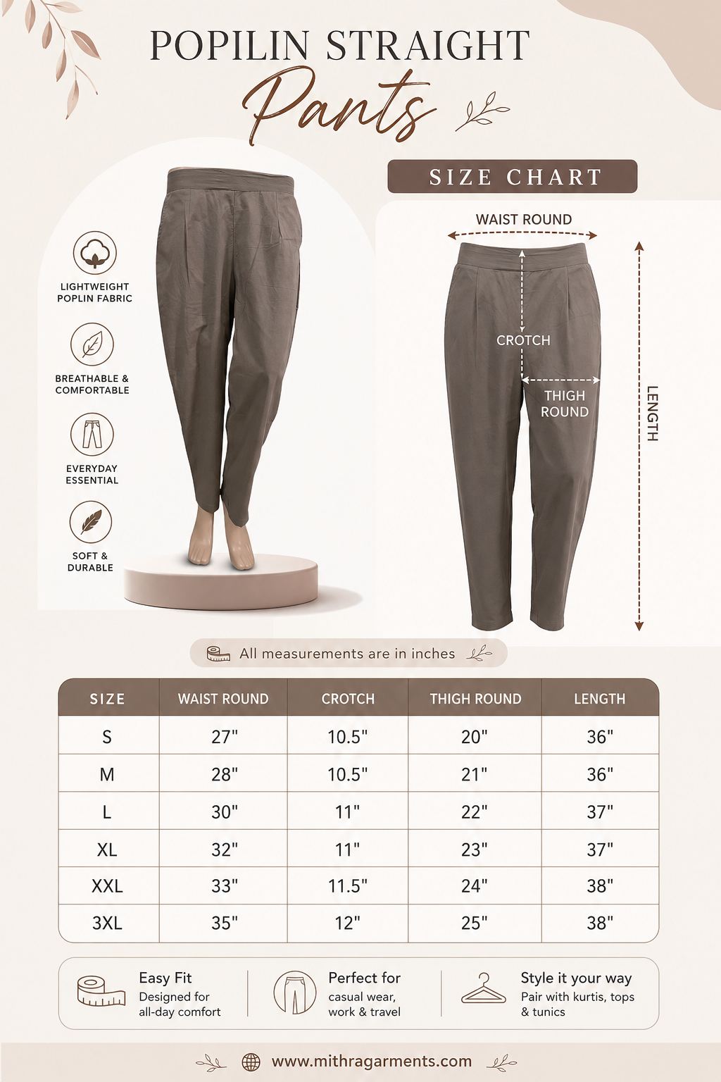 Women’s Poplin Cotton Straight Pants| Black