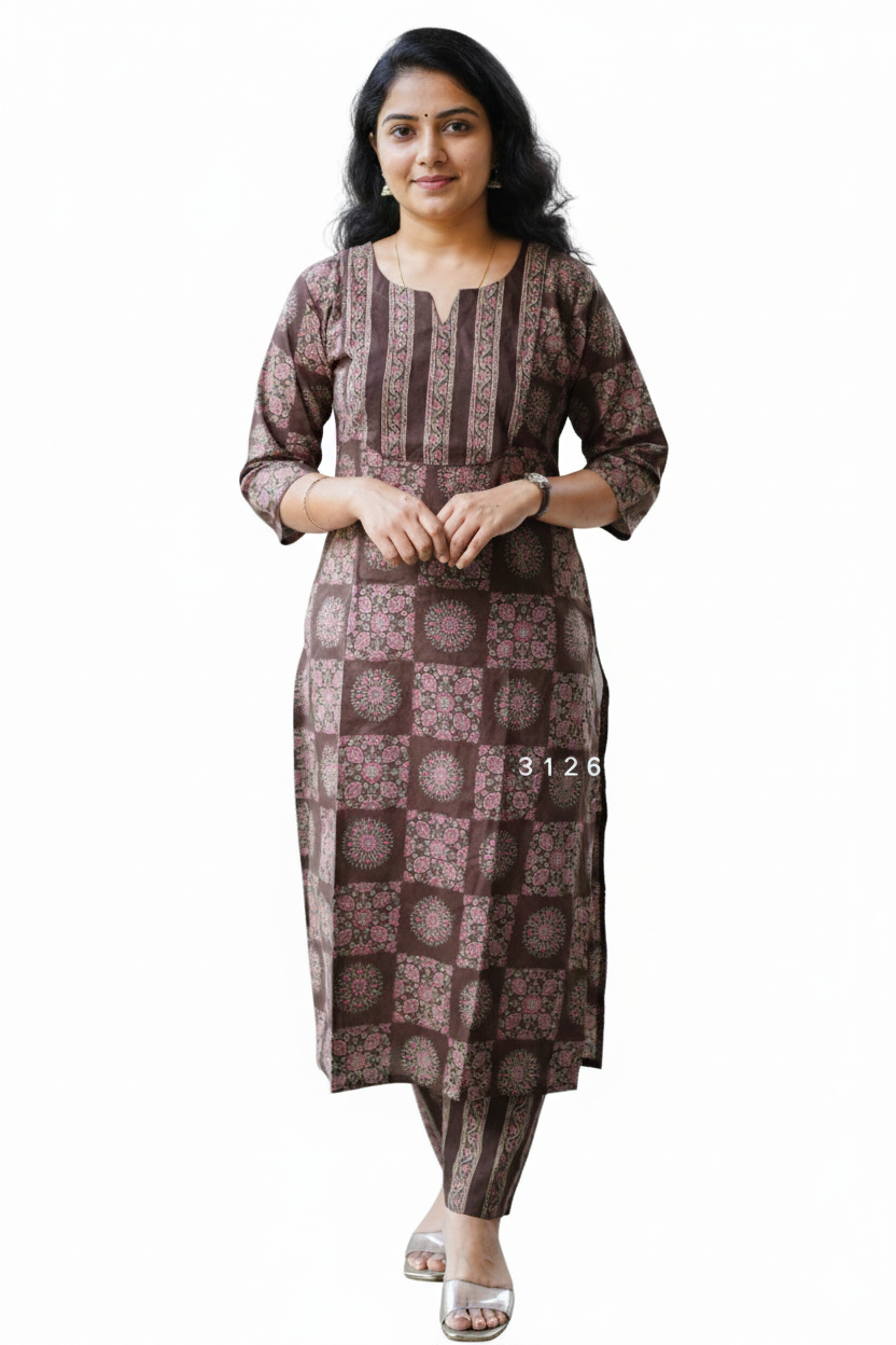 Women kurti with pant | Straight cut | Coffee Brown with bhutta