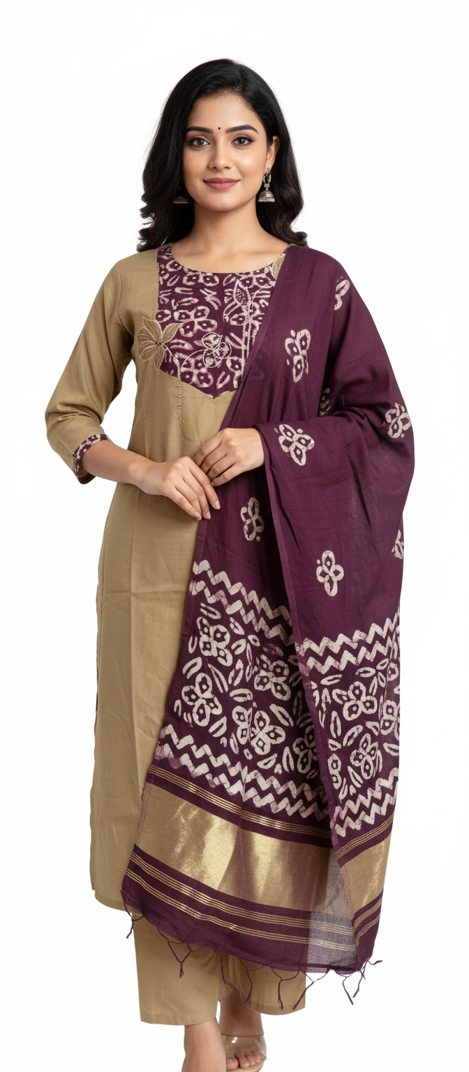 Women kurti with pant and dupatta | Straight cut | Cotton with batik patch and mirror embroidery