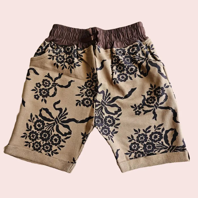 Girls Shorts | Dark brown flowers in light brown