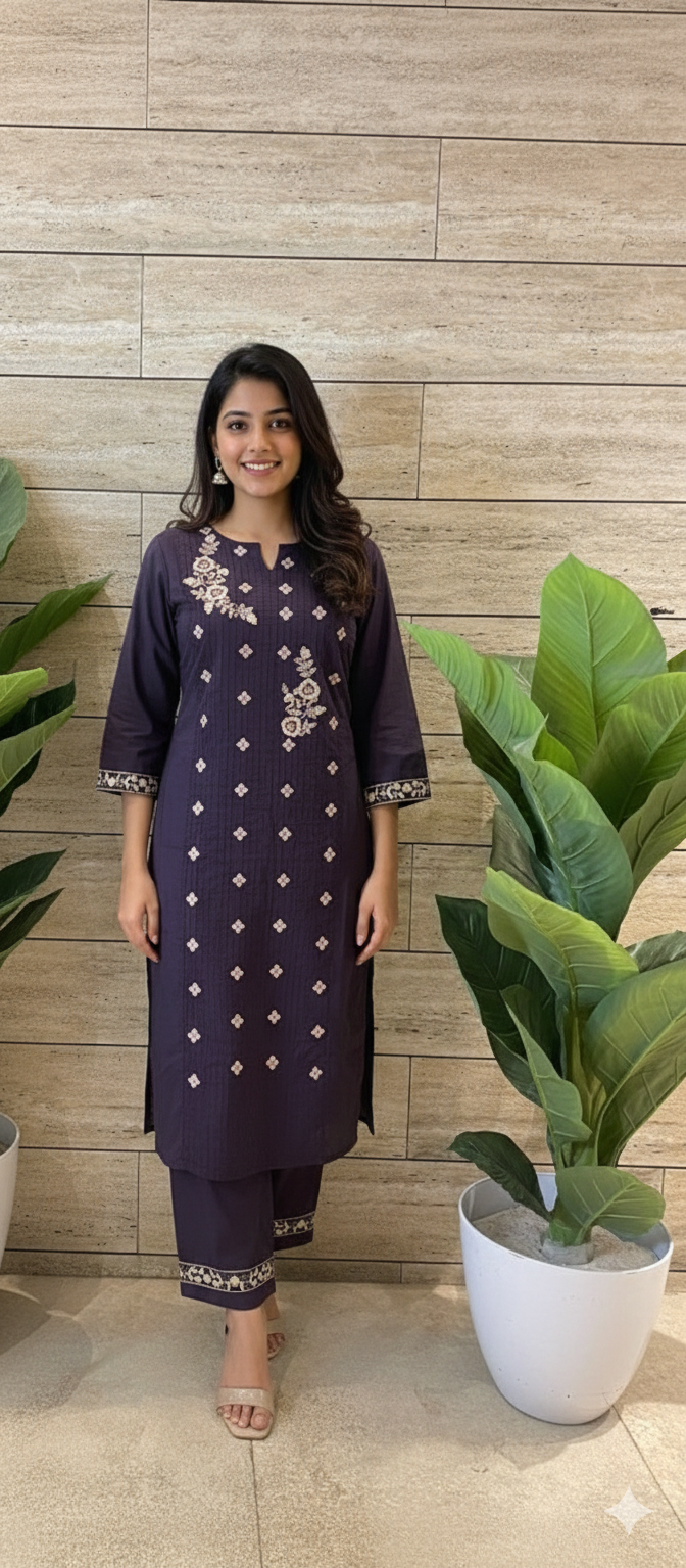 Women kurti with pant | Straight cut | Dark violet with floral embroidery