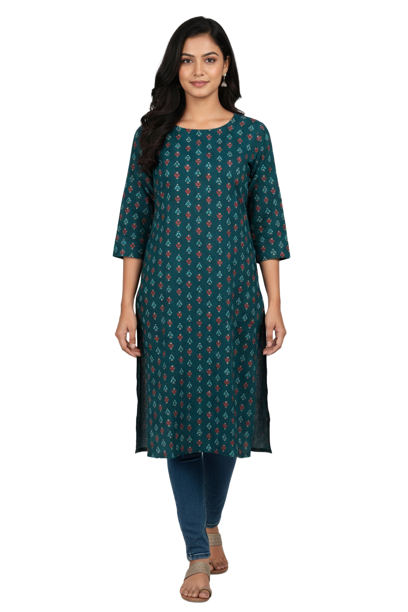 Women Kurti | Straight cut | Peacock green rayon kurti with prints