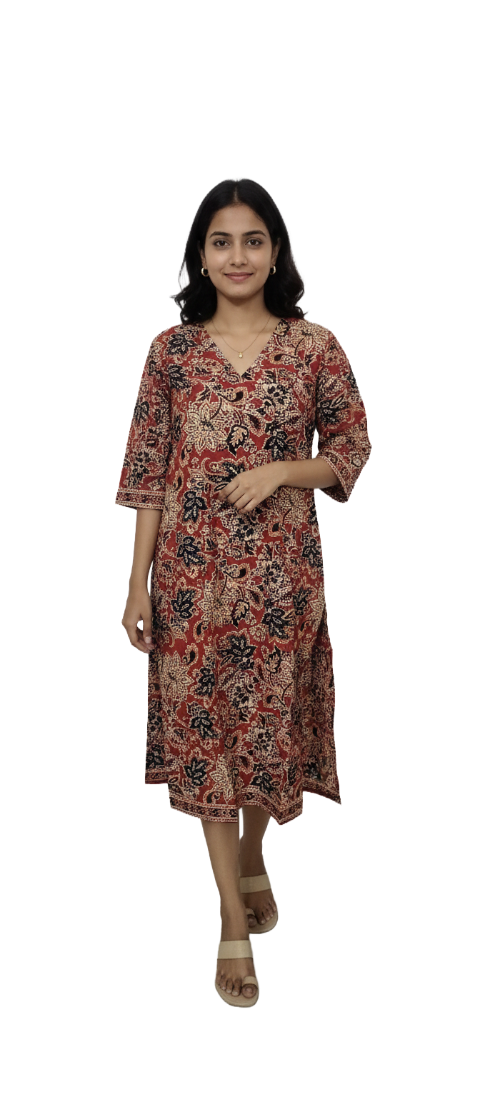 Women Kurti | Straight cut | Cotton maroon kalamkaari | Only kurti