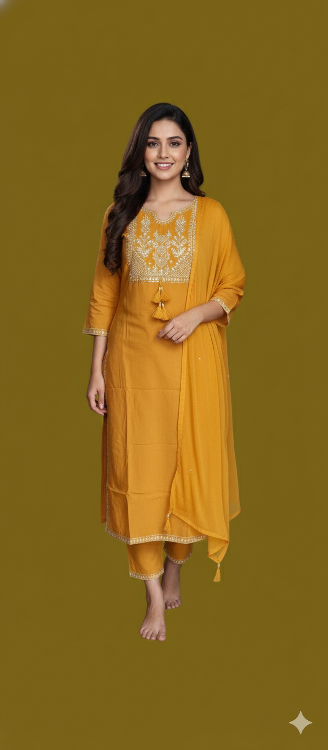 Women kurti with pant and dupatta | Straight cut | Mustard with zari worked neck