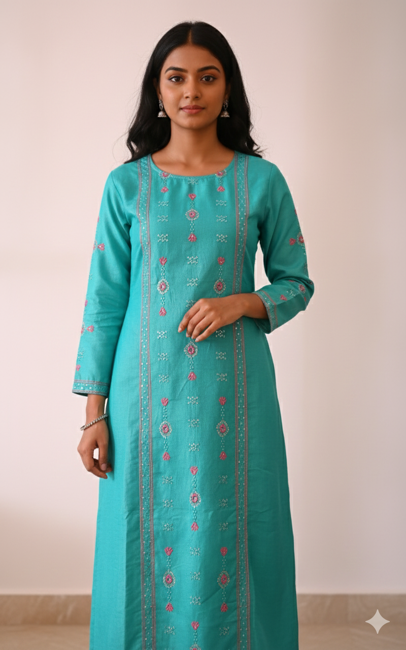 Women Kurti | Straight cut | Rama green with embroidery | only Kurti