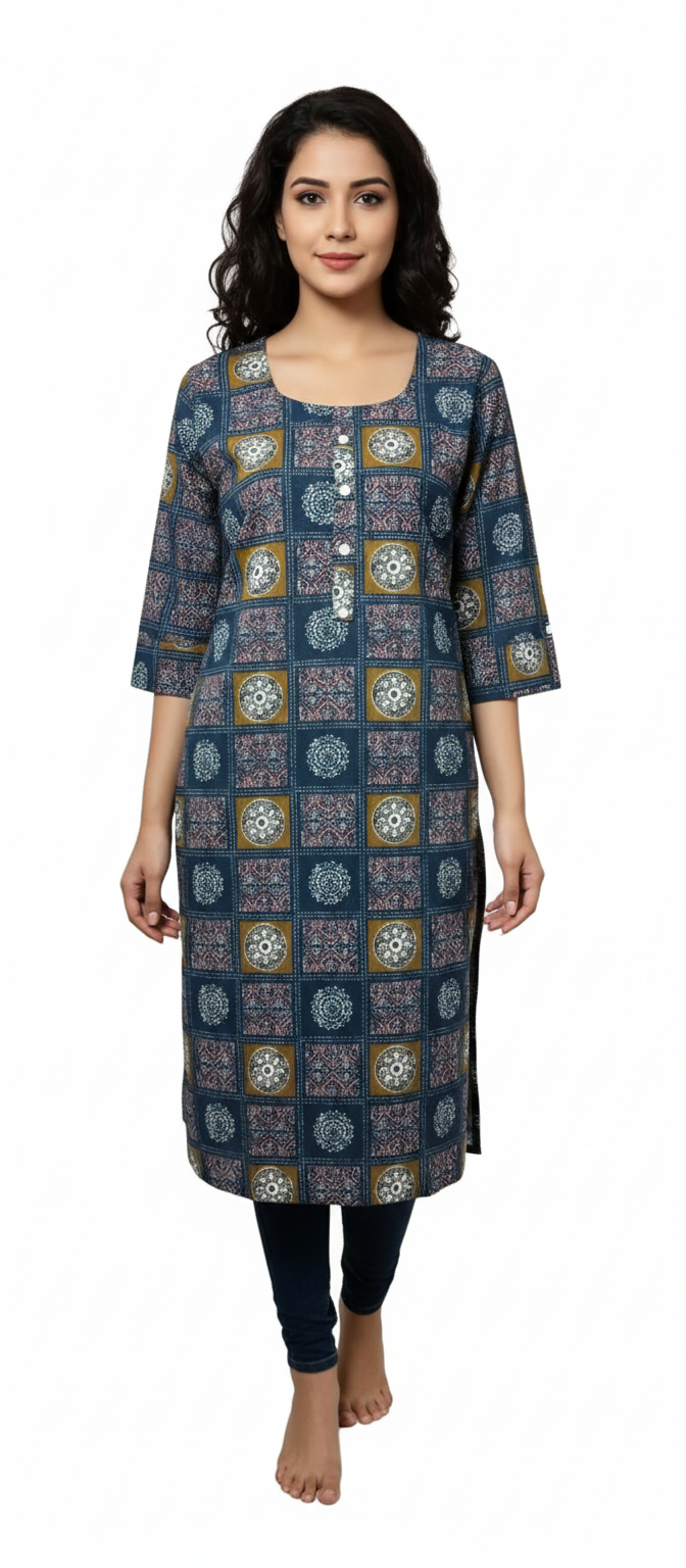 Women Kurti | Navy blue with rectangle design print | Only Kurti