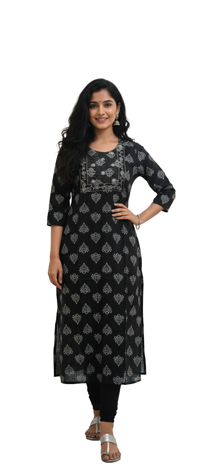 Women Kurti | Straight cut | Black rayon top with embroidery neck yoke | only kurti