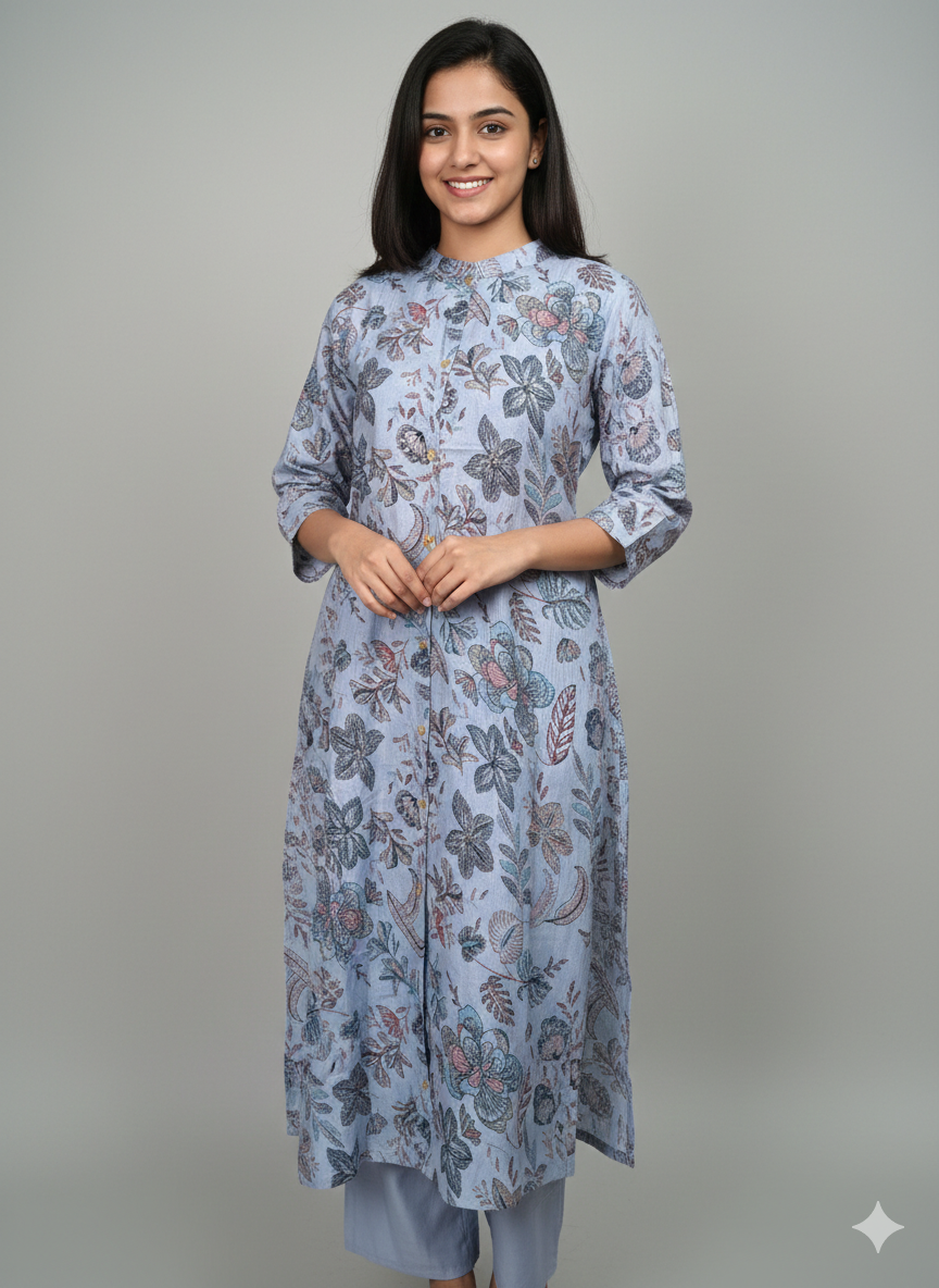 Women kurti with pant | Bluish grey mixed color with flowers print