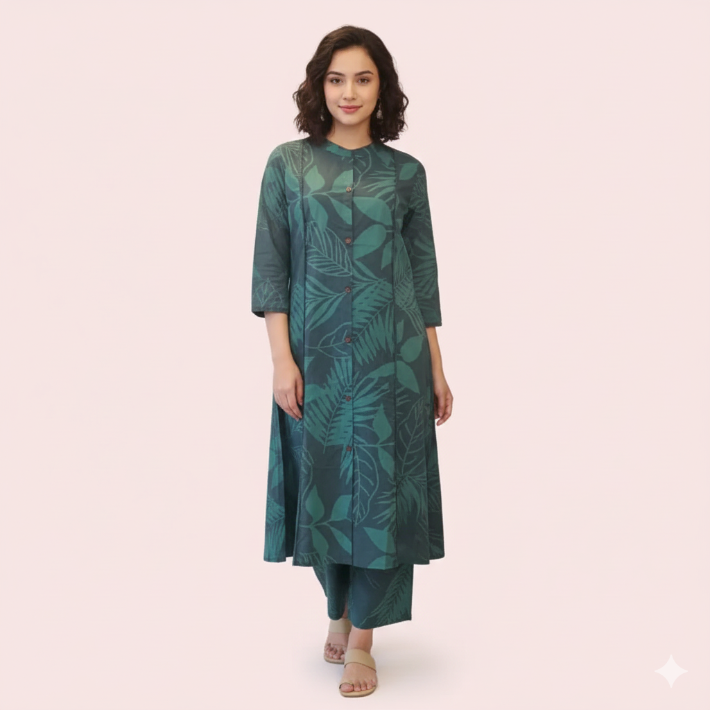 Women kurti with pant | A-line cut | Dark green leafy set