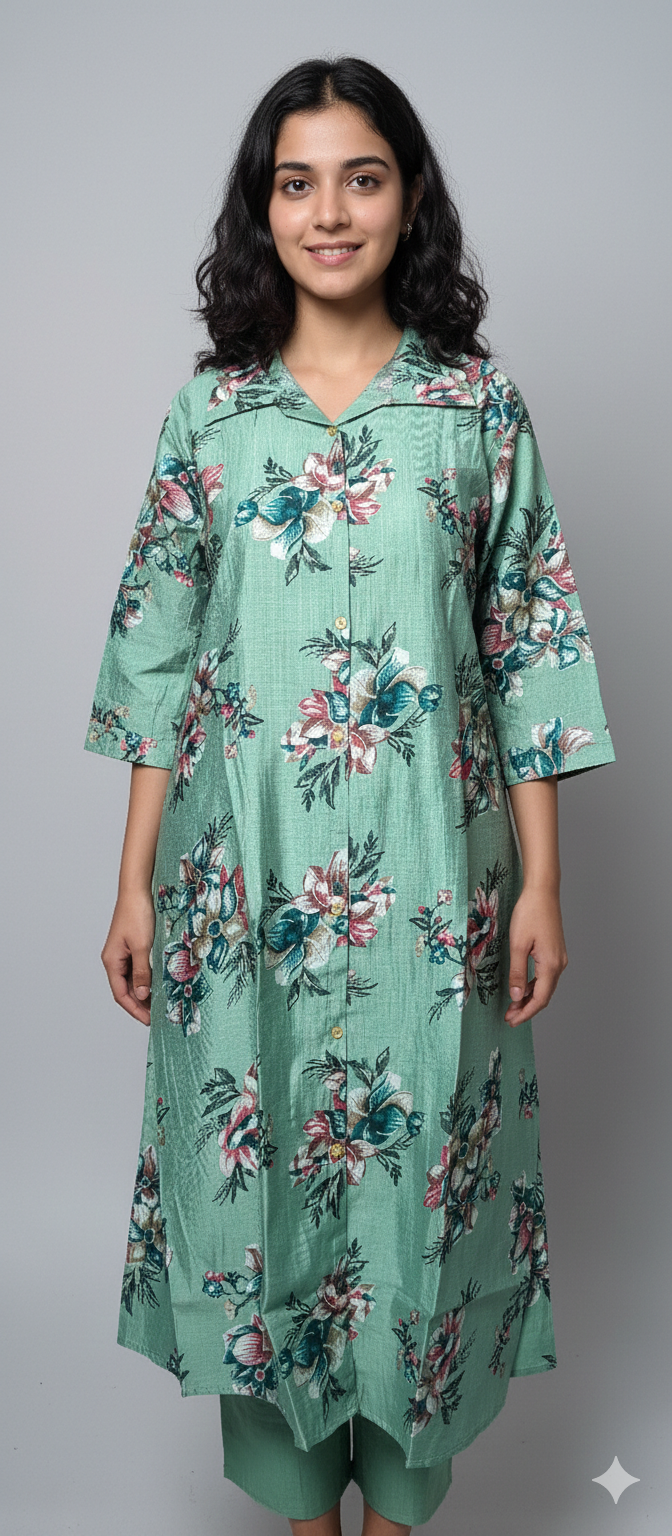 Women kurti with pant | Dark Pista green with floral designs