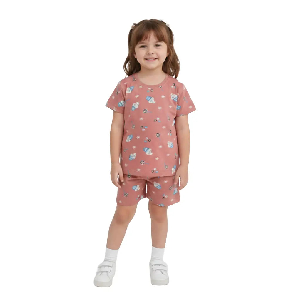 Girls Premium Shorts Set | Peach candy print