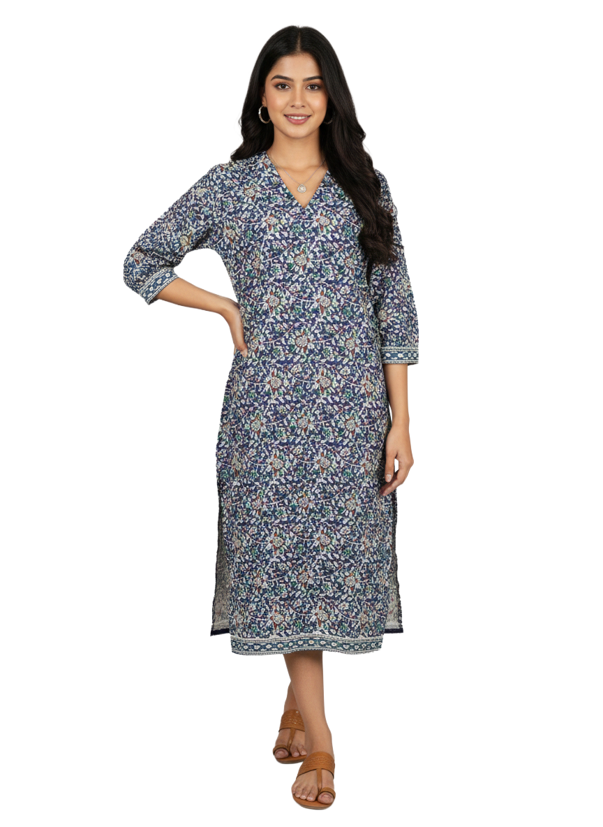 Women Kurti | Straight cut |Royal blue base with multi color leaves/florals