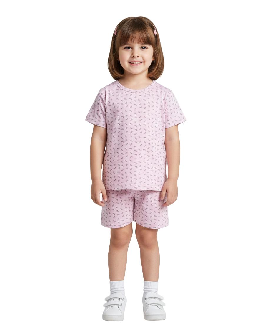 Girls Shorts Set | Light pinkish with min feather print
