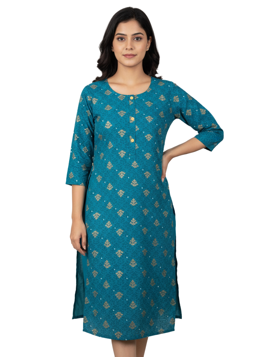Women Kurti | Straight cut |Rama green with all over print and bhutta