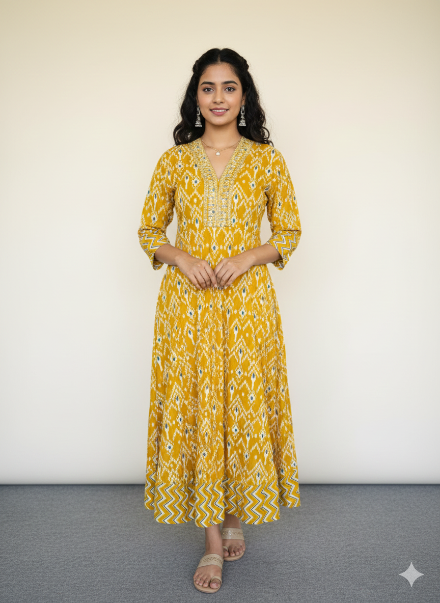 Women Anarkali | Mustard with bottle green