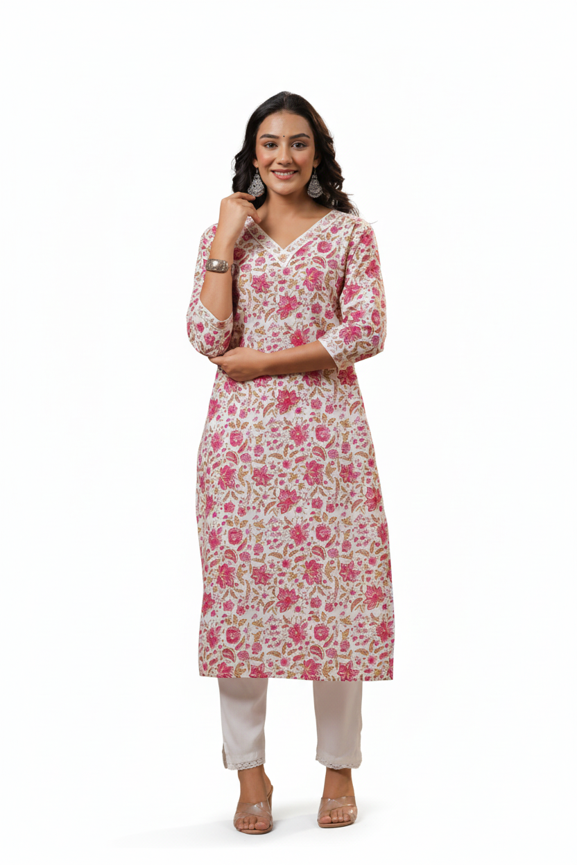 Women Kurti | Straight cut | V neck Floral in white