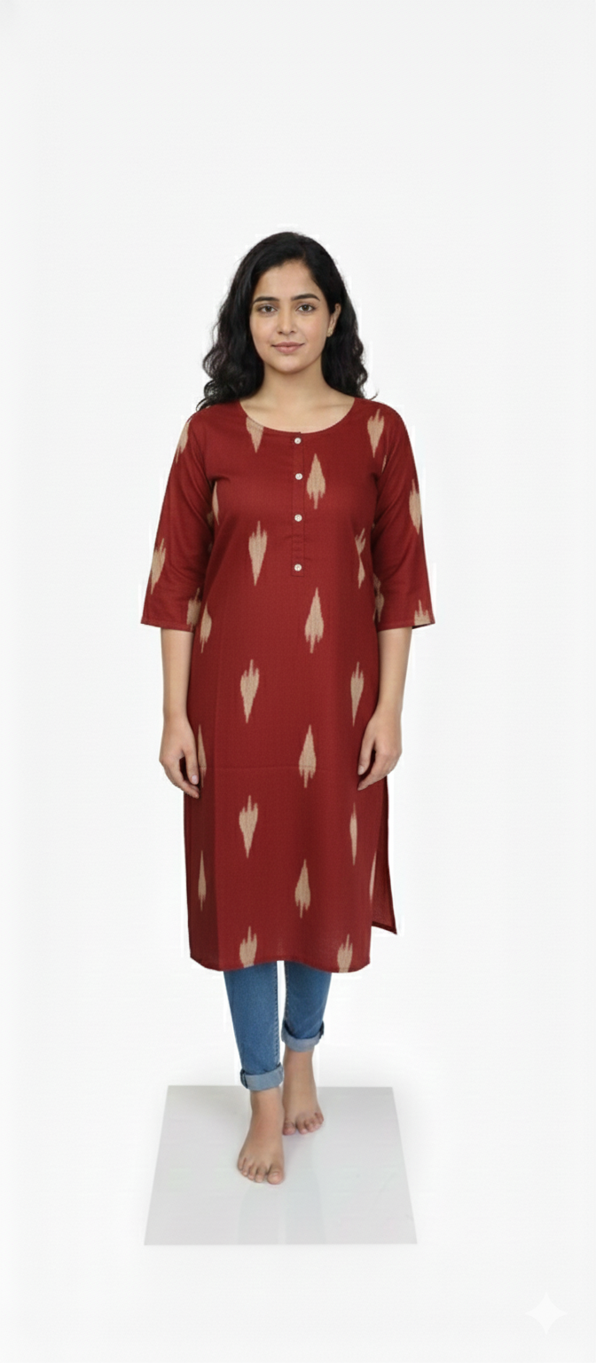 Women Kurti | Straight cut | Reddish Maroon Ikkat Kurti