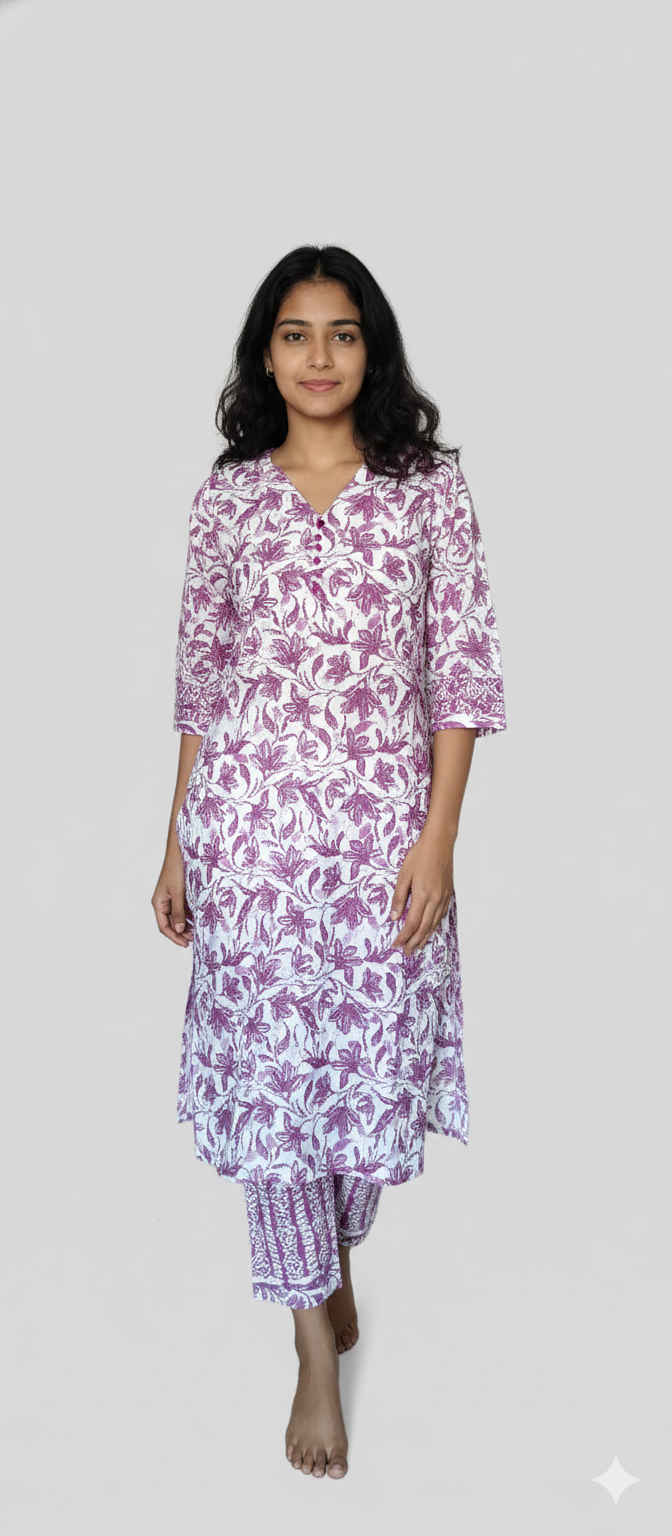 Women kurti with pant | White and light purple floral print