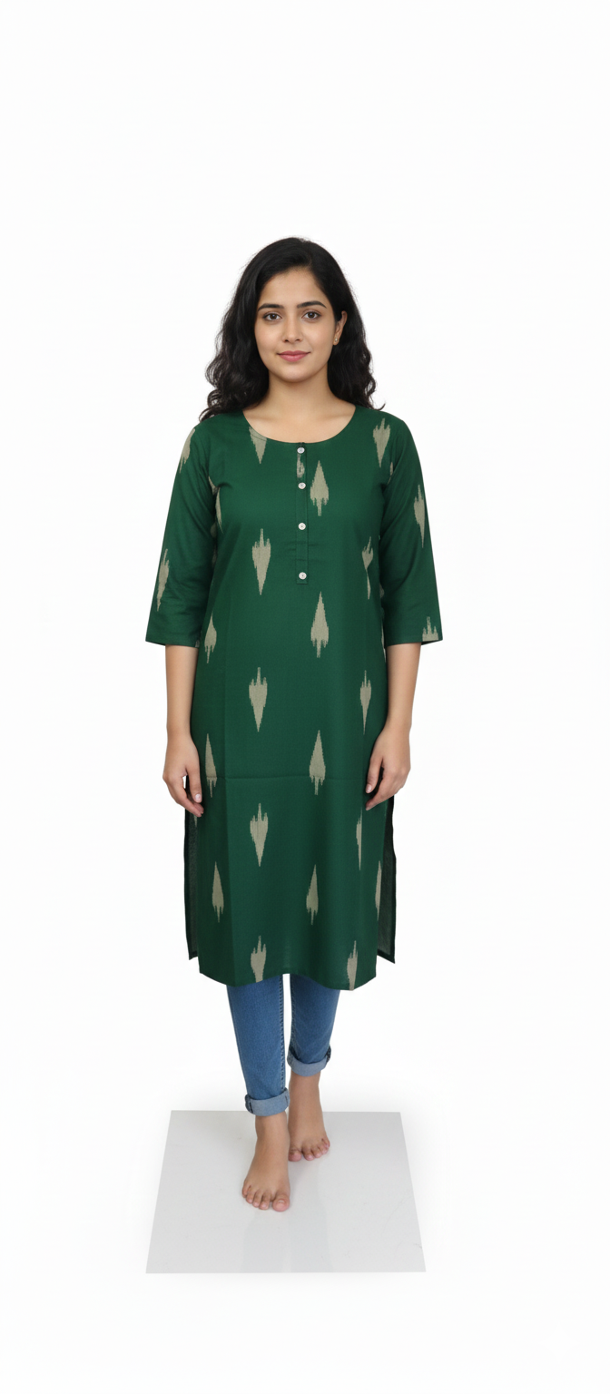Women Kurti | Straight Cut | Bottle Green Ikkat pattern
