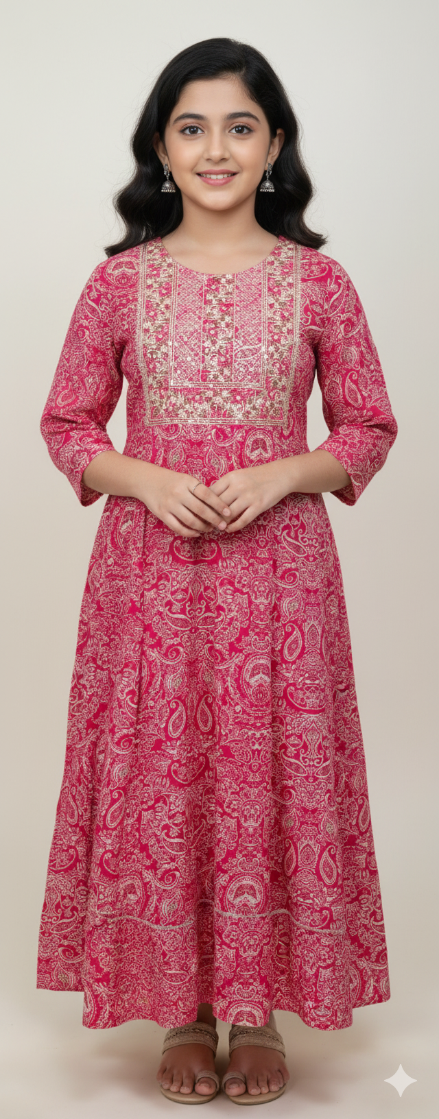 Women Anarkali | Rani pink multi floral with embroidery in yoke