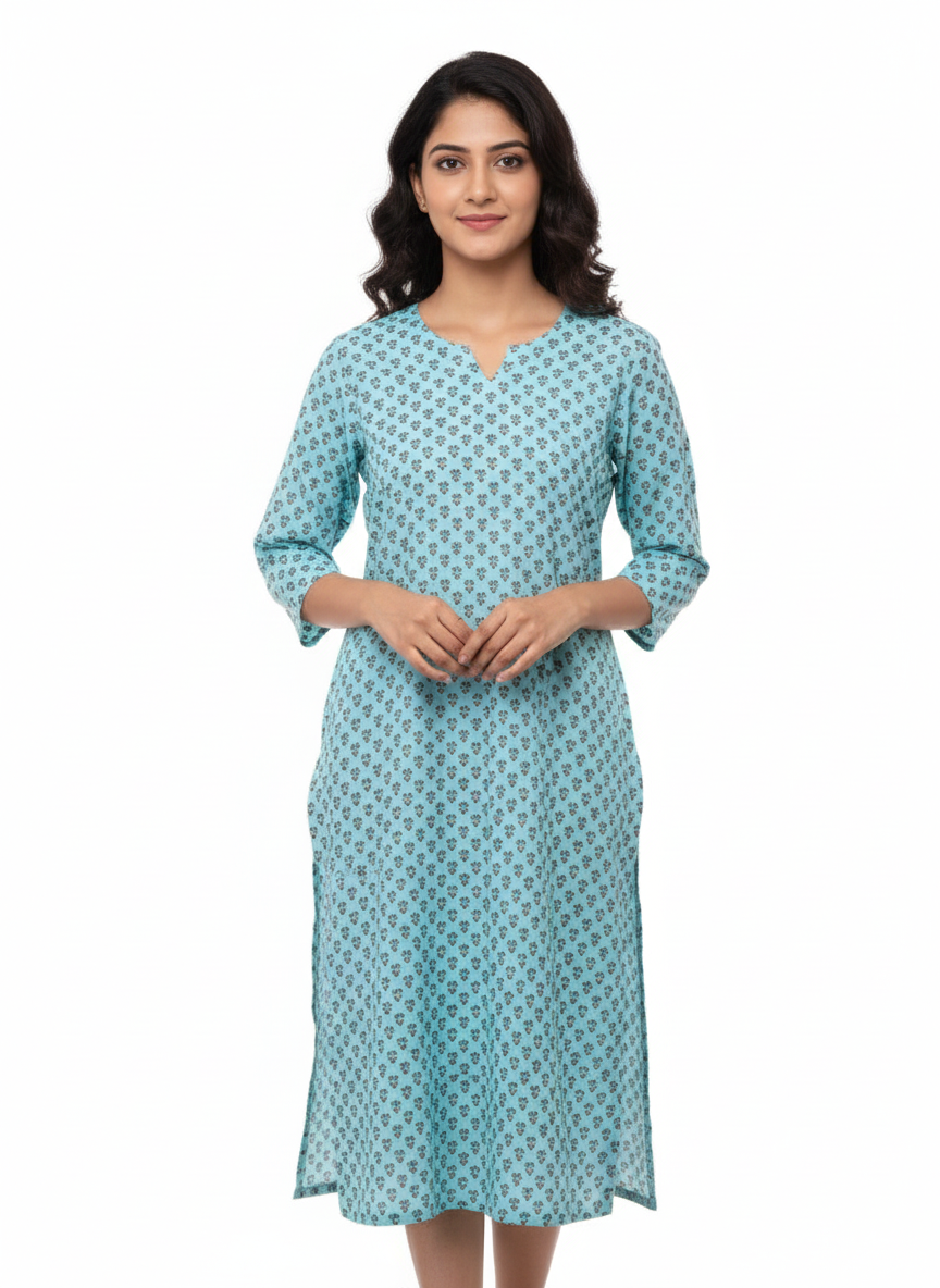 Women Kurti | Straight cut | Small flower in light blue | Only Kurti