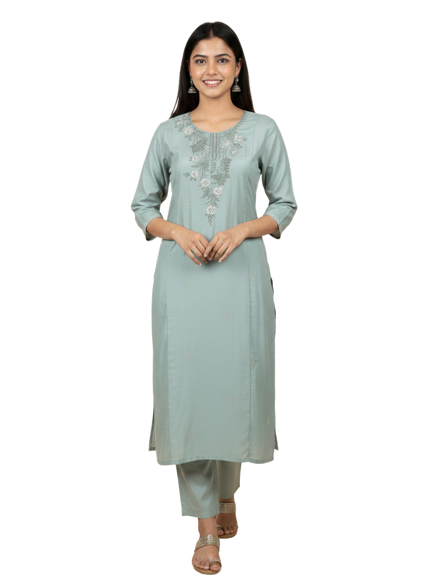 Women kurti with pant | Light pista green with beautiful thread/zari embroidery in yoke