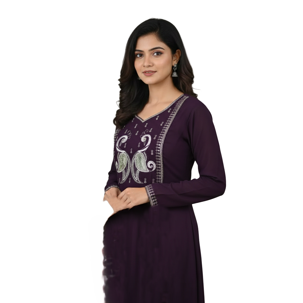 Women Kurti | Straight cut | Wine chiffon based with embroidery and embossed lines | only kurti