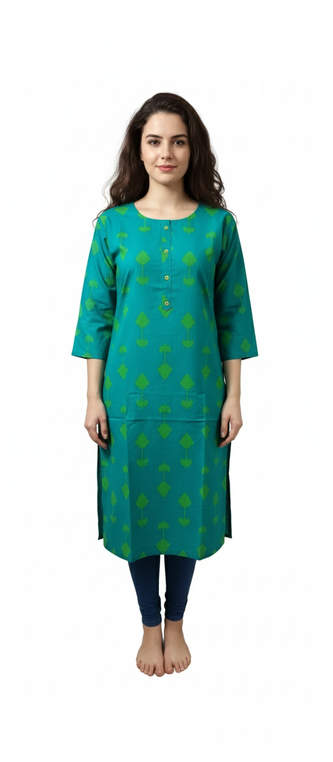 Women Kurti | Ramar green with Ikkat pattern Only Kurti
