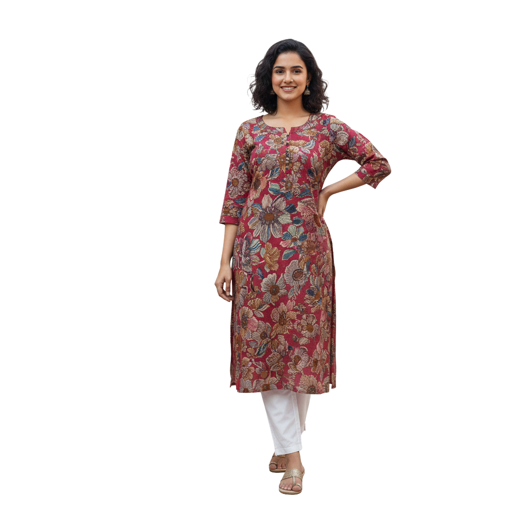 Women Kurti | Straight cut | Pink base with florals and blue potli in yoke