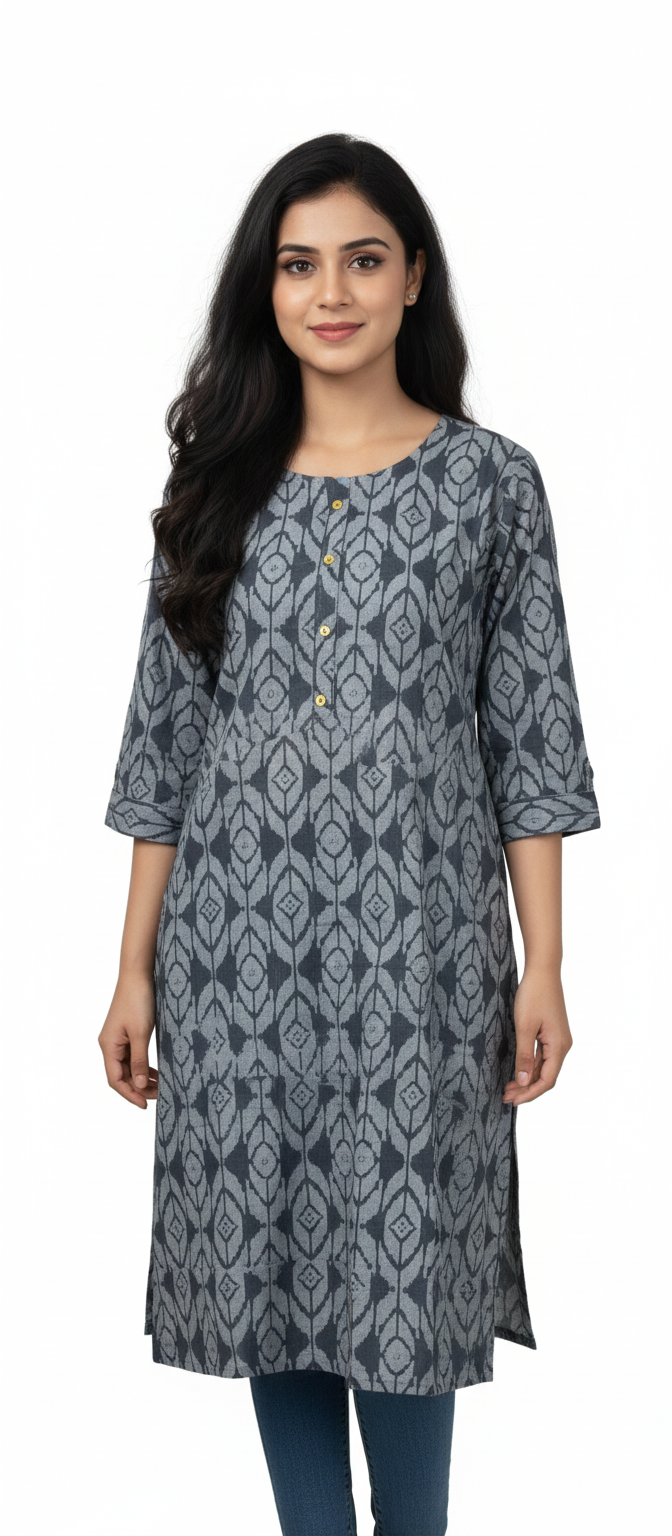 Women Kurti | Straight cut | Grey with Mustard stars | only Kurti