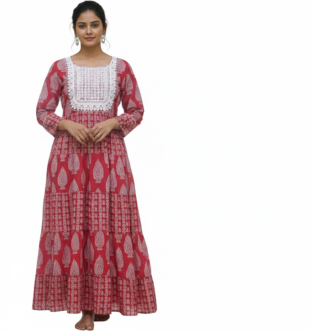 Women Anarkali | Rani pink with block print
