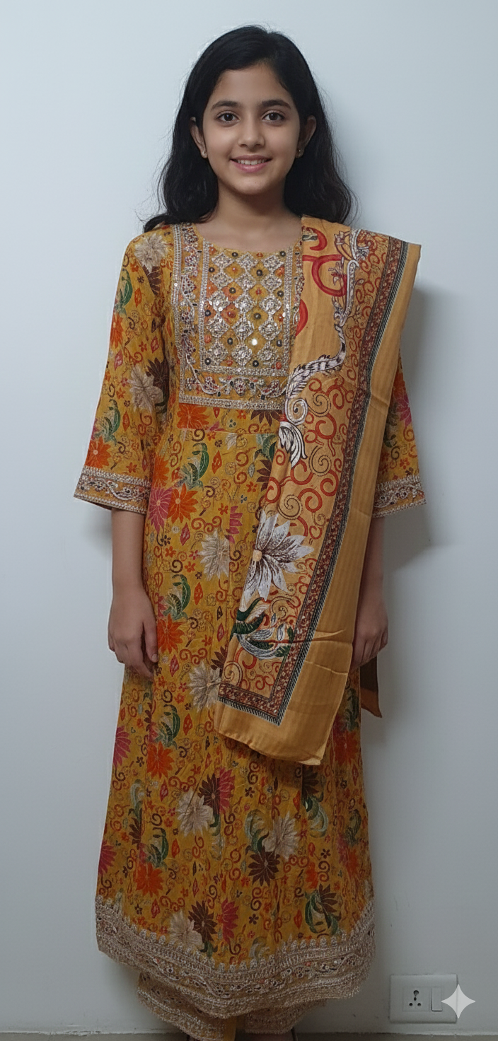 Women kurti with pant and dupatta | Anarkali cut | Mustard with floral prints