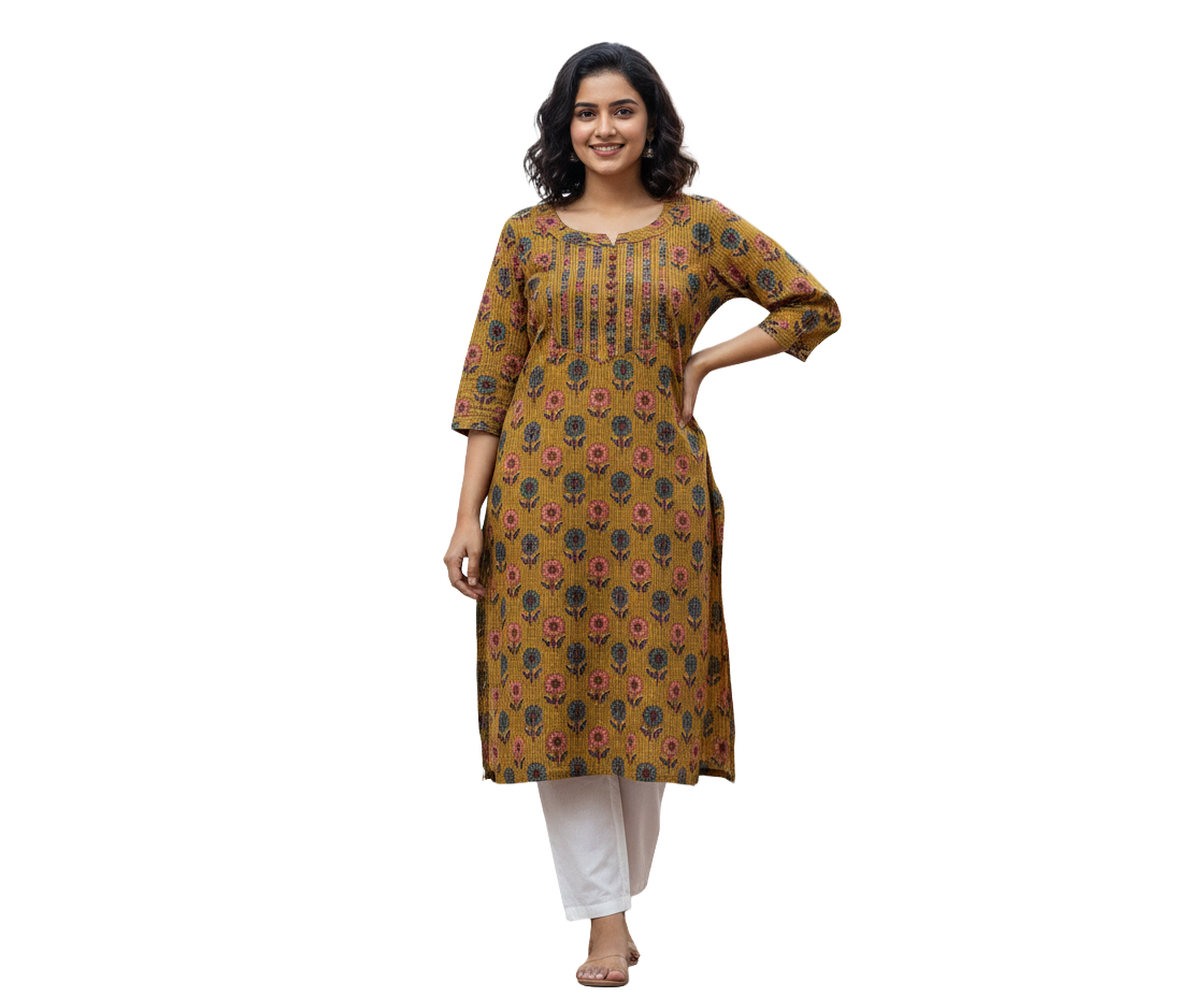 Women Kurti | Straight cut | Kantha Cotton floral mustard color| Kurti Only